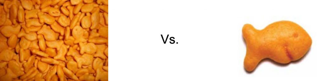 lots of goldfish on left versus one goldfish cracker on right